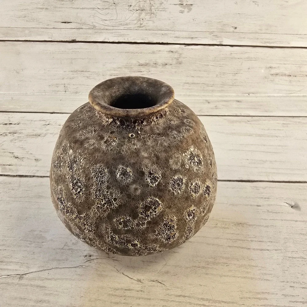 Studio Pottery Bud Vase Volcanic Lava Glaze Brown Earthy Textured Small 3.25in